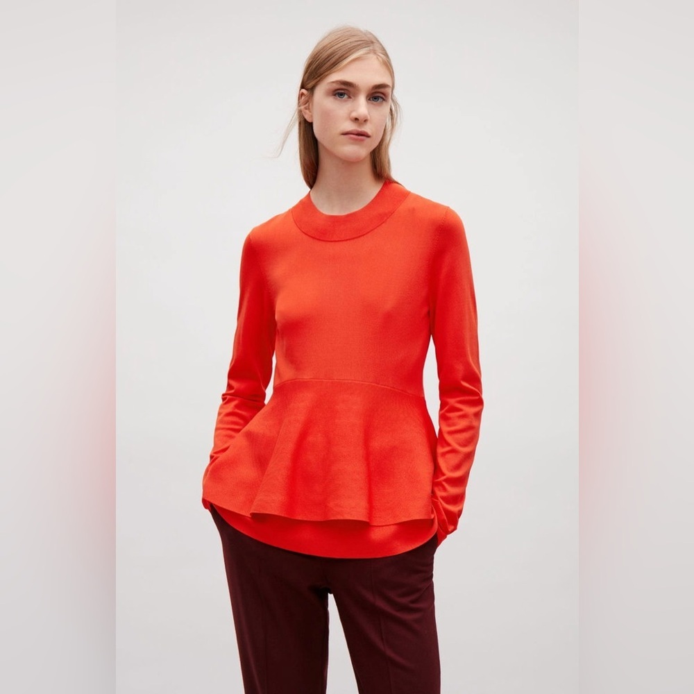 COS Poppy Red Peplum Knit Long Sleeve Top - Size S